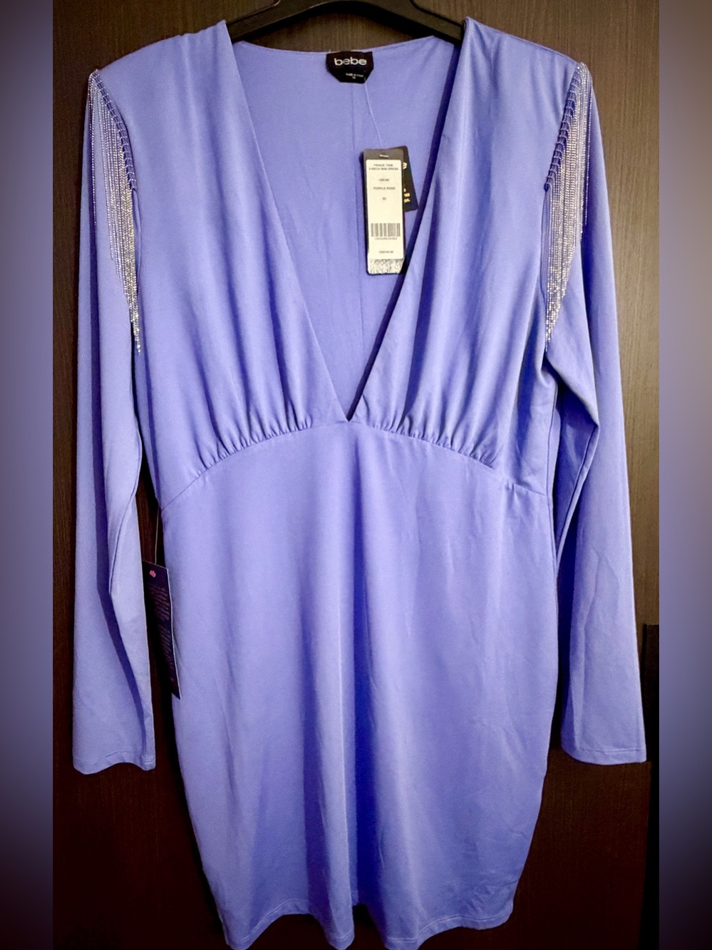 NWT bebe Purple Rose V-Neck Mini Dress with Fringe Trim